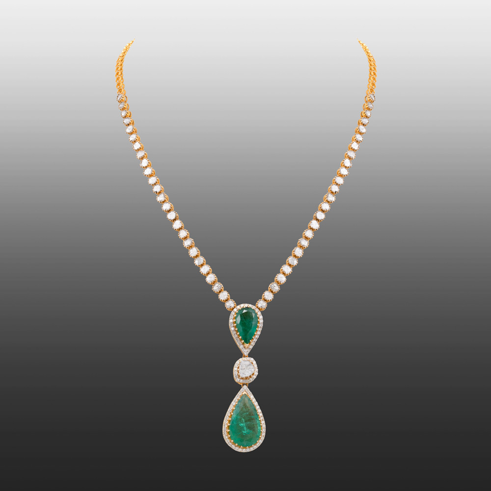 Claw-Set Emerald and Diamond Pendant Necklace